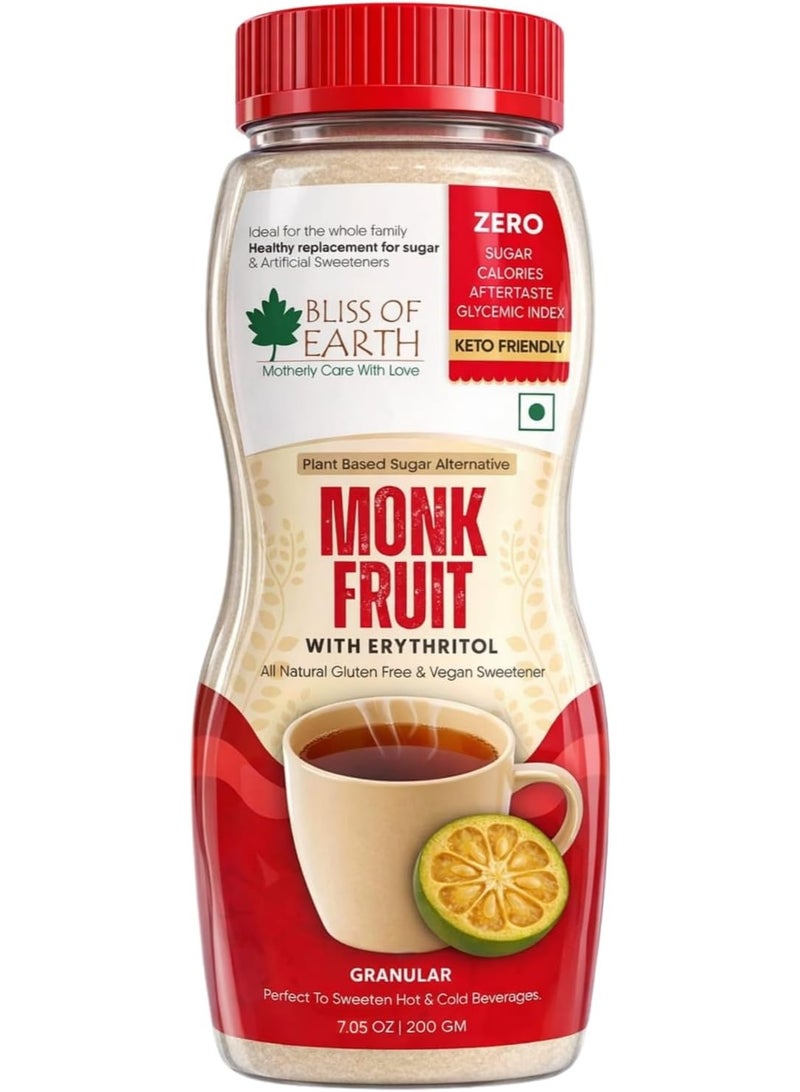 BLISS OF EARTH Monk Fruit Sweetener with Erythritol (200g), 1:1 Zero Calorie Sugar Alternative, Keto Friendly, No Aftertaste, Zero Glycaemic Natural Sweetener - Image 1